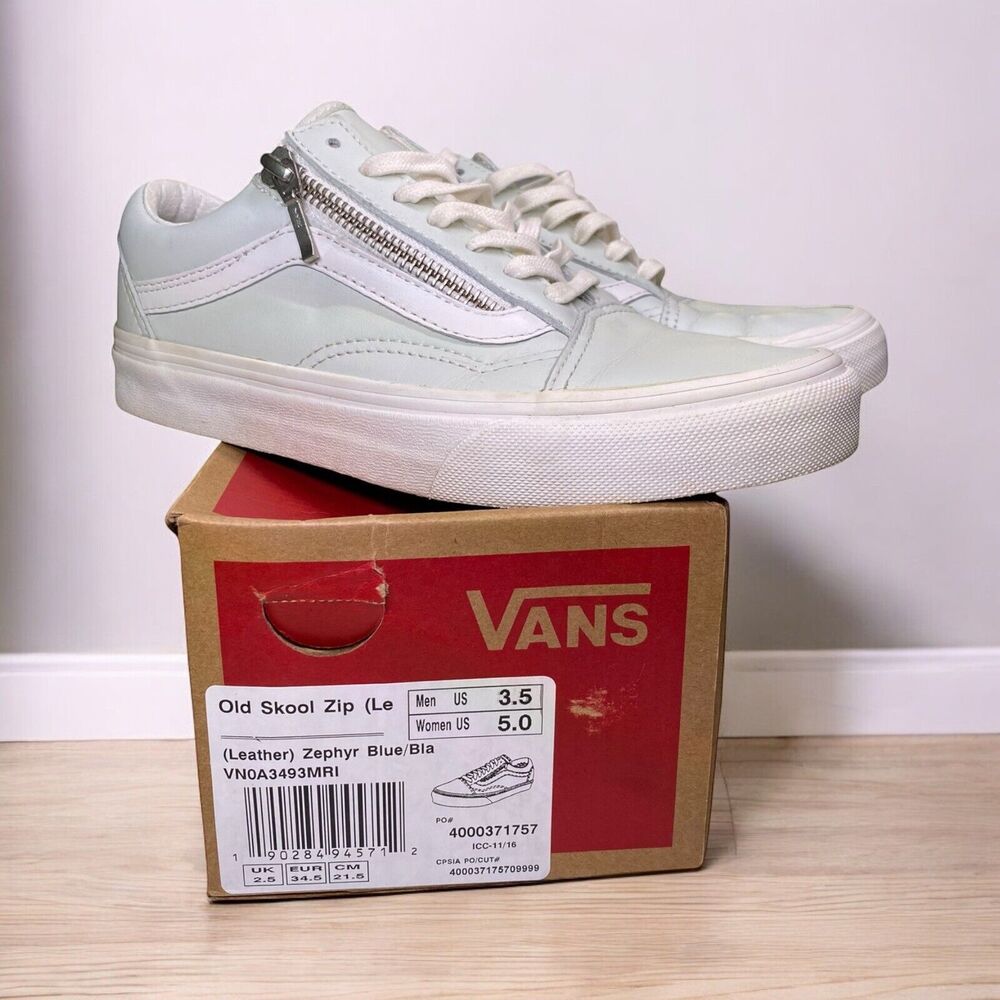 Vans Old Skool Zip Leather Shoes Mens 3.5 Womens 5.0 Zephyr Blue & Blanq White